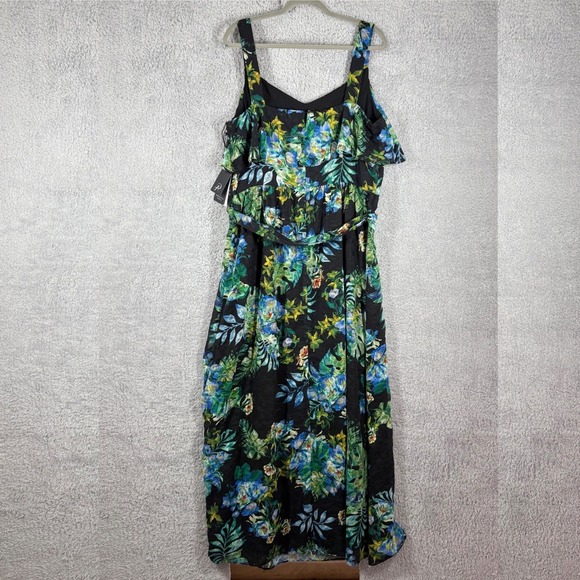 NWT Adrianna Papell Tropical Print Burnout Maxi Dress Sz 14 Black Floral Ruffle - Picture 1 of 10